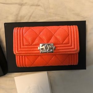 Chanel boy bag orange quilted card holder wallet with silver CC hardware